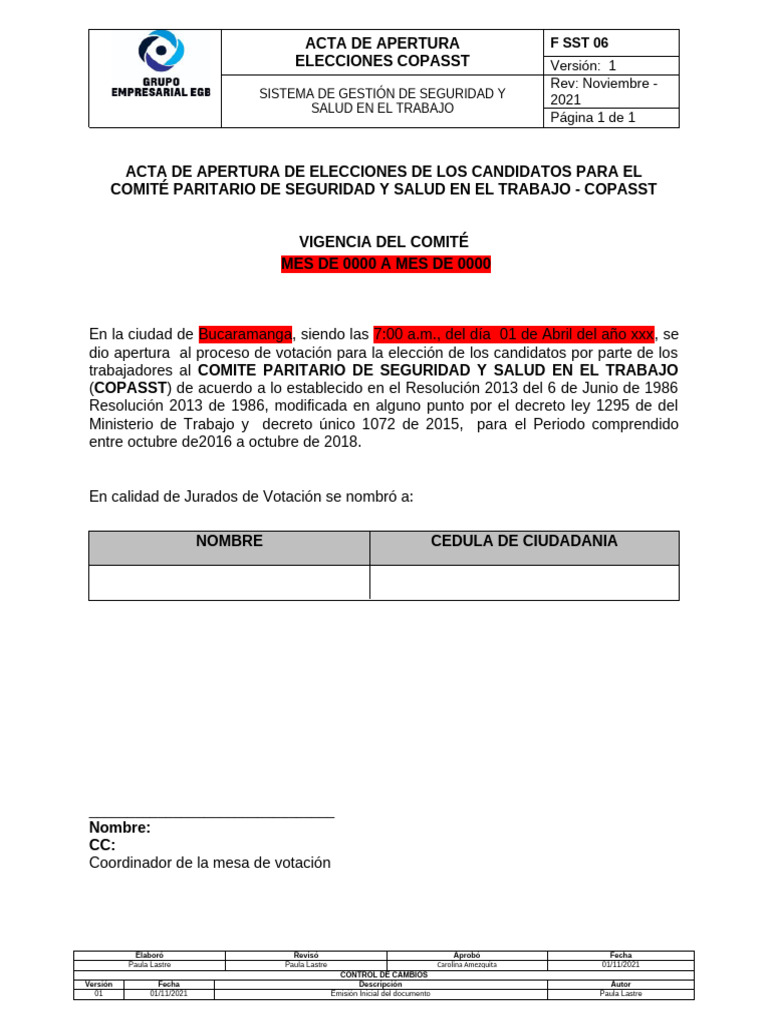 Acta Elecciones COPASST 2021 | PDF