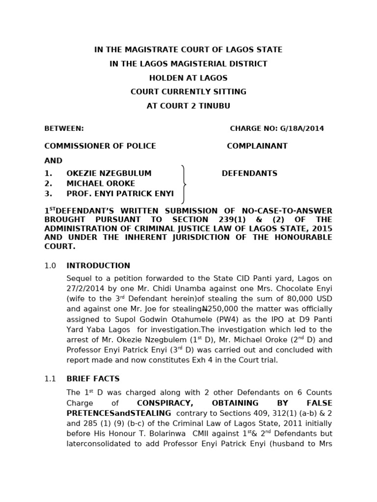 No-Case Submission in Lagos Theft Trial | PDF | Mens Rea | Burden Of ...