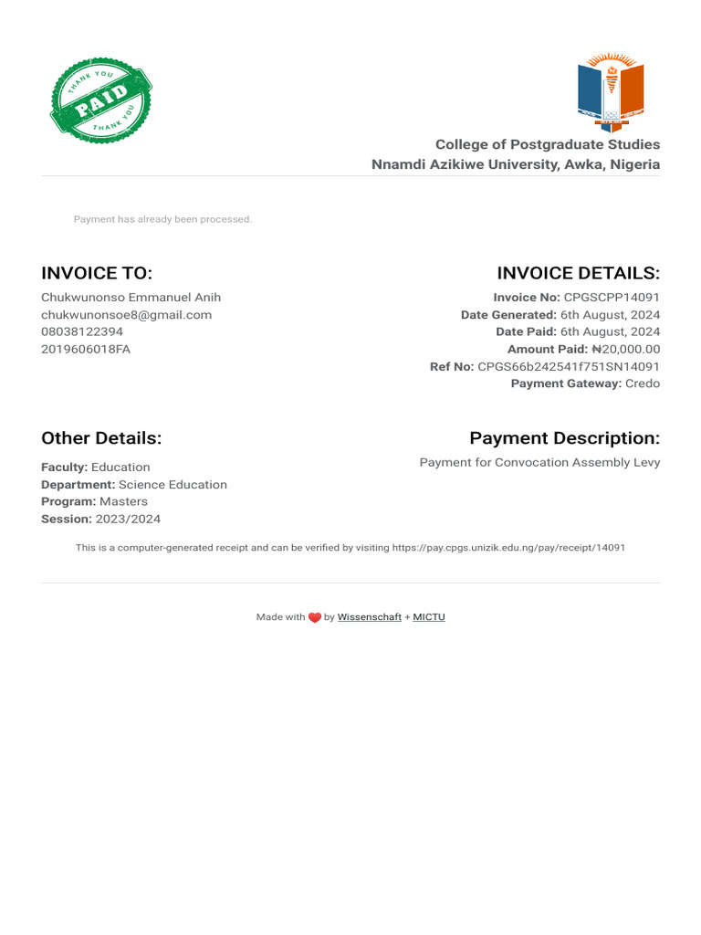 CPGS Payment Receipt for Convocation | PDF