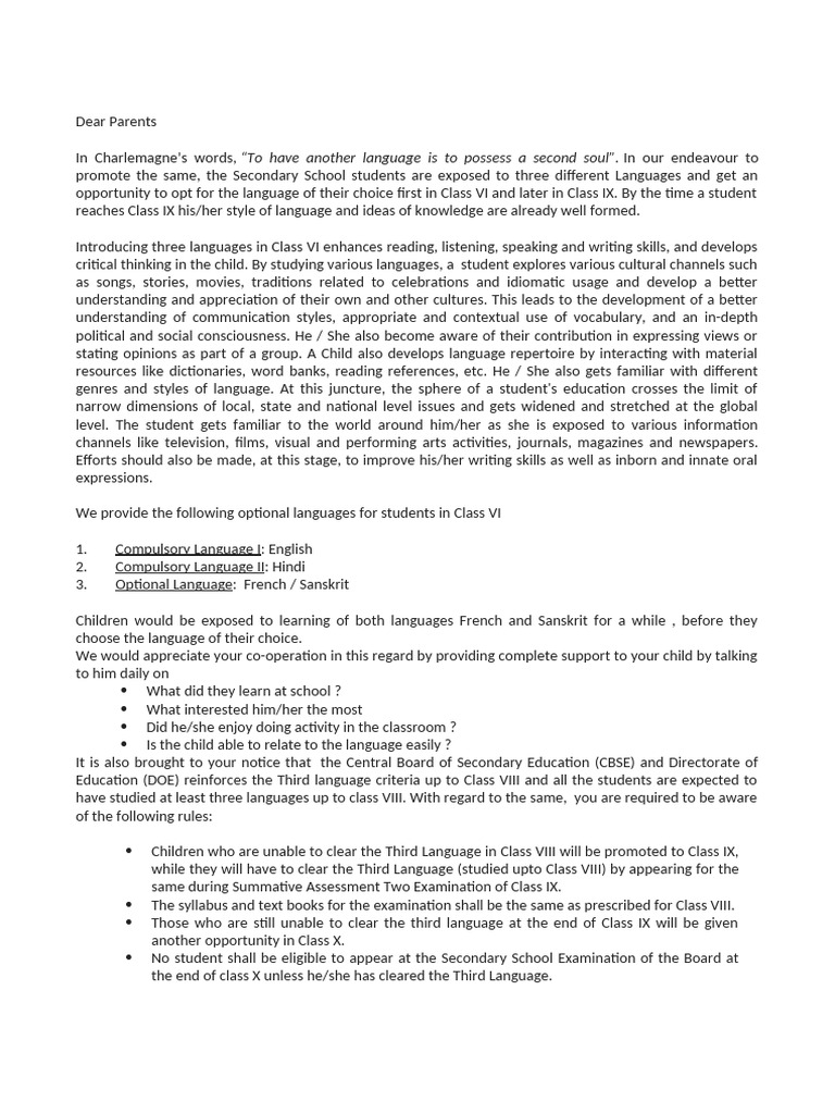 CBSE Third Language Guidelines for Parents | PDF | Learning | Linguistics