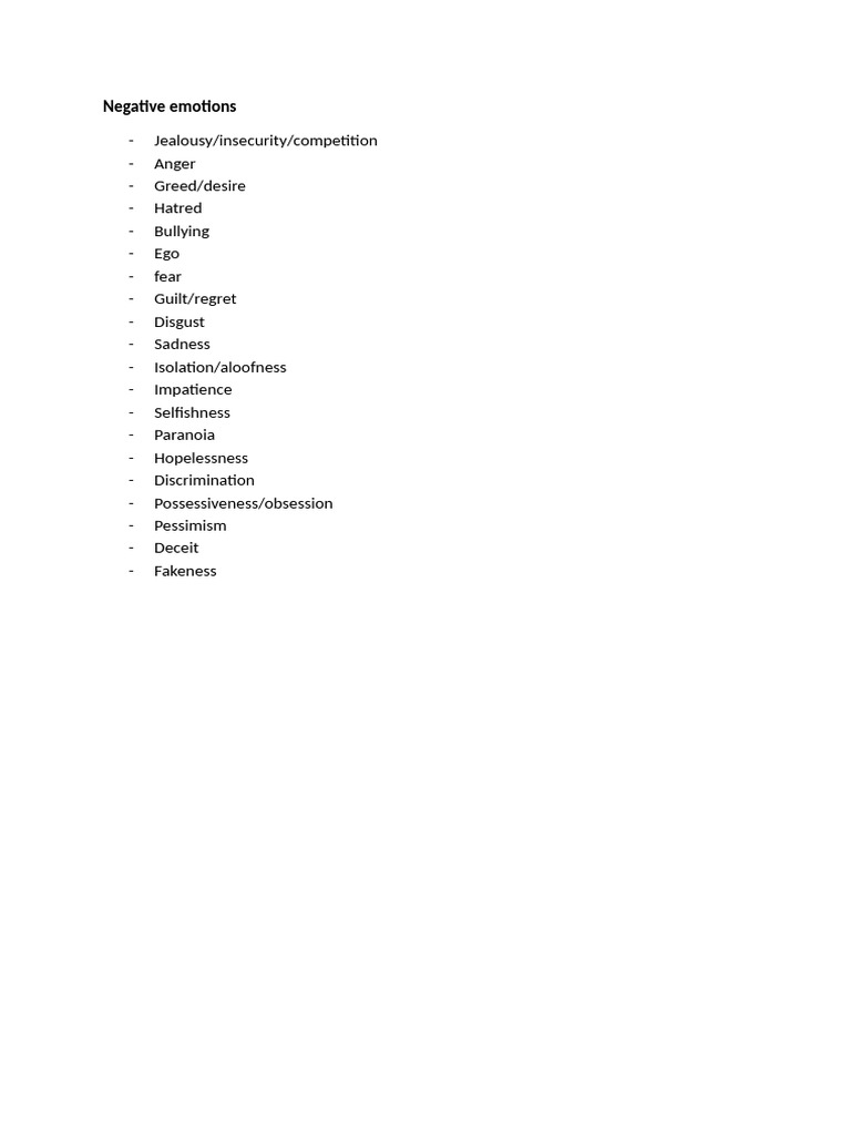 Negative Emotions Overview Chart | PDF