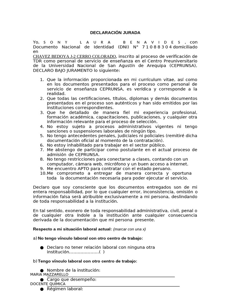 Declaracion Jurada Personal de Servicio de Enseñanza | PDF