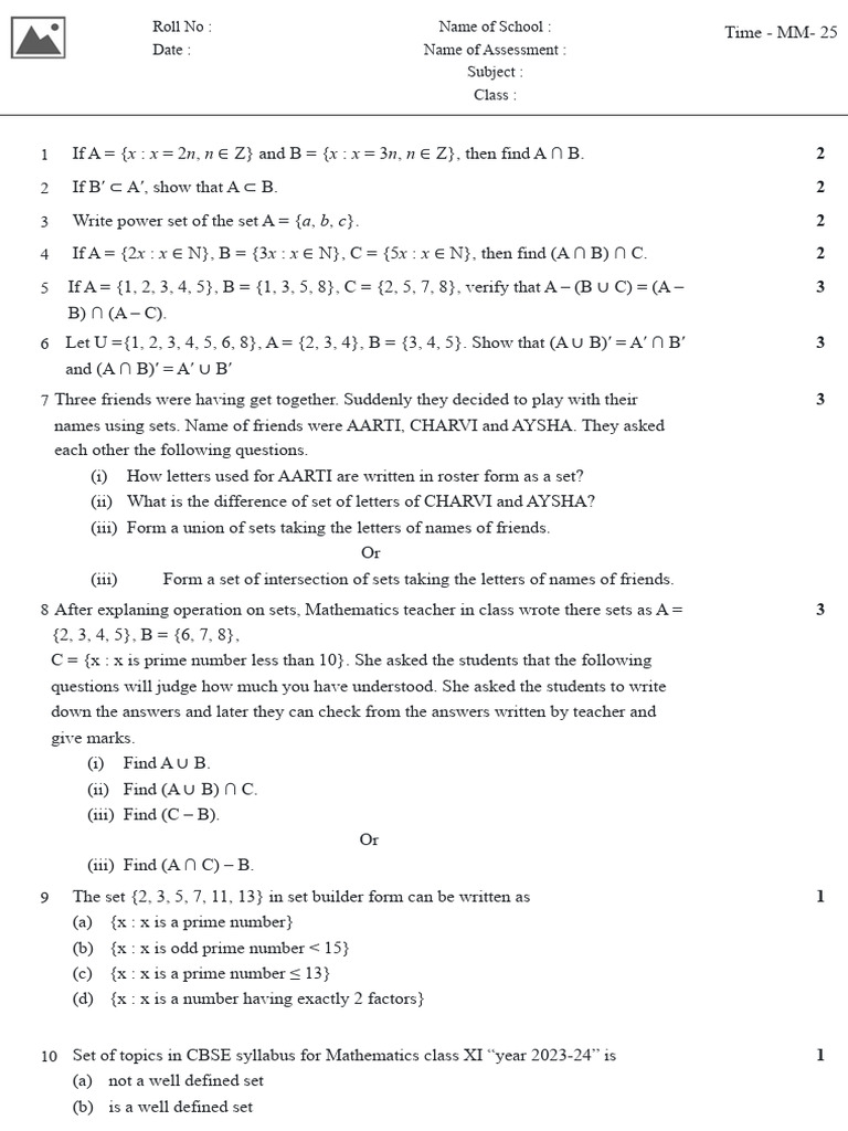 Class 11 Math Test: Sets Concepts | PDF | Mathematics | Numbers