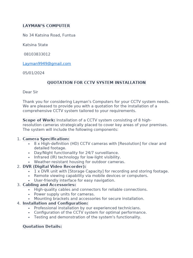 CCTV Installation Quotation Sample | PDF | Closed Circuit Television ...