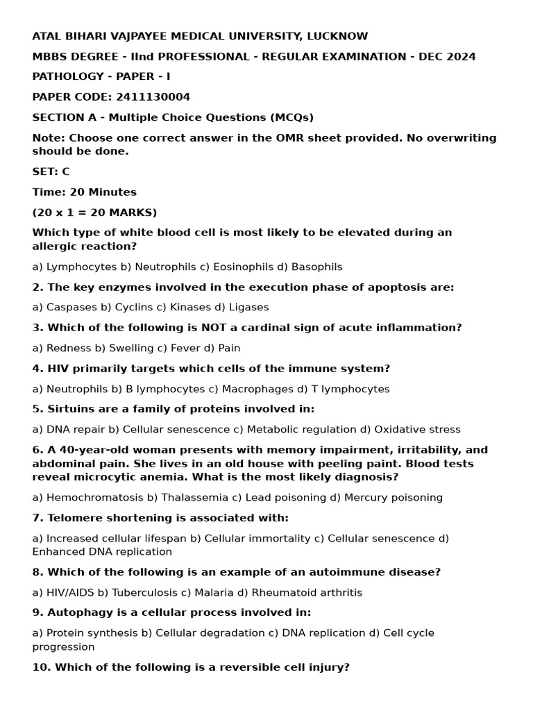 Pathology Paper 1 2022 Main | PDF | Anemia | Inflammation