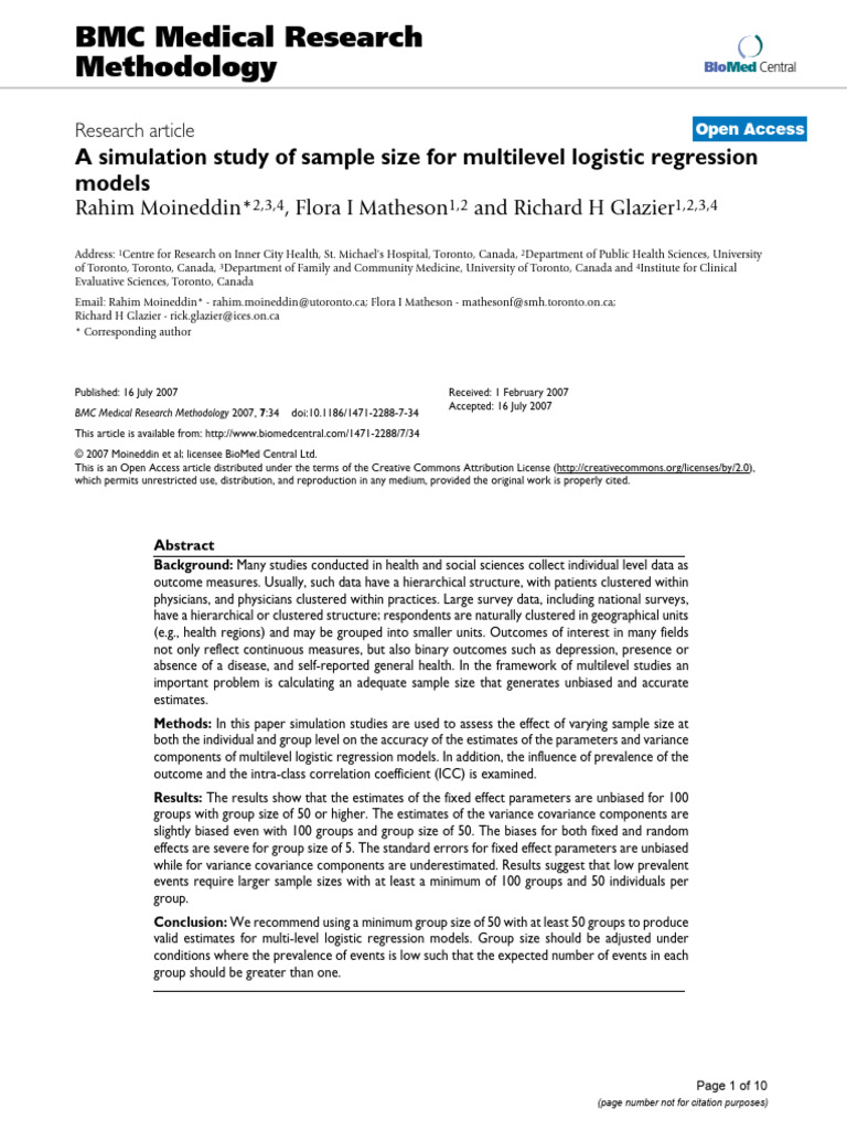 Simulation Study For Sample Size For Multilevel Logistic Regression ...