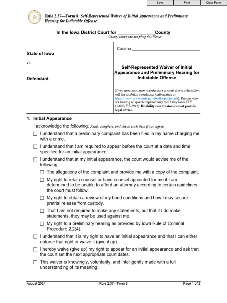 Iowa Waiver Form for Initial Hearing | PDF | Preliminary Hearing ...