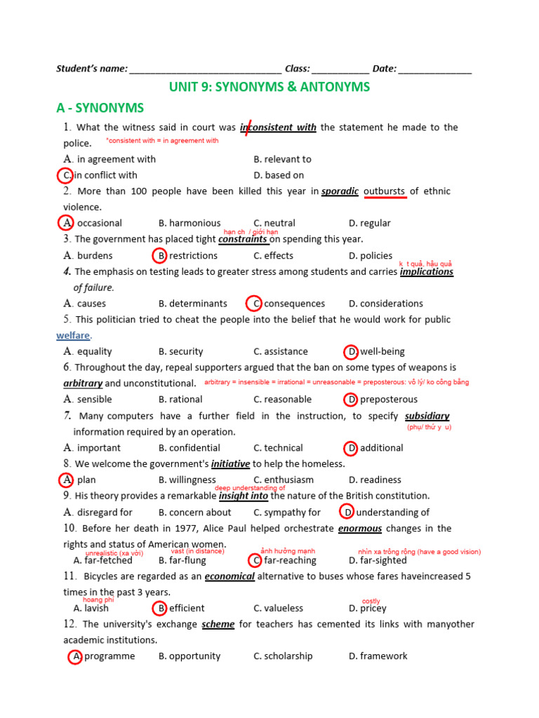 Unit 9: Synonyms & Antonyms A - Synonyms | PDF