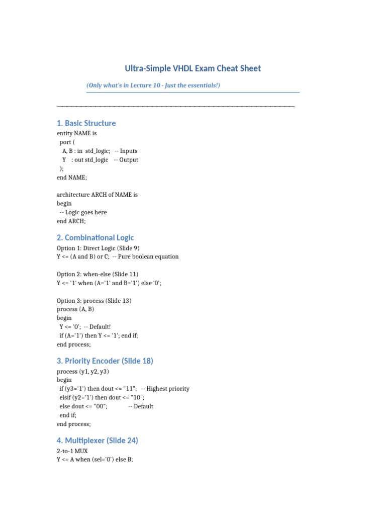 VHDL Exam Cheat Sheet Essentials | PDF