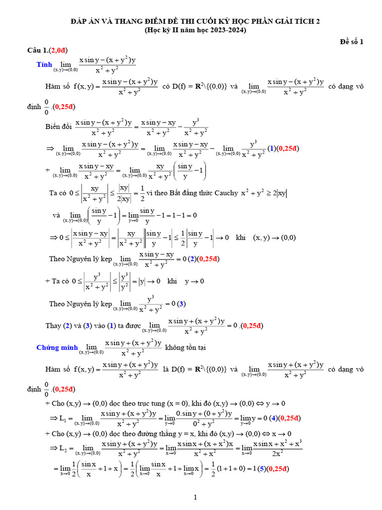 Dap An Va Thang Diem de Thi GT2 Cuoi Ky (2023-2024) de So 1 | PDF