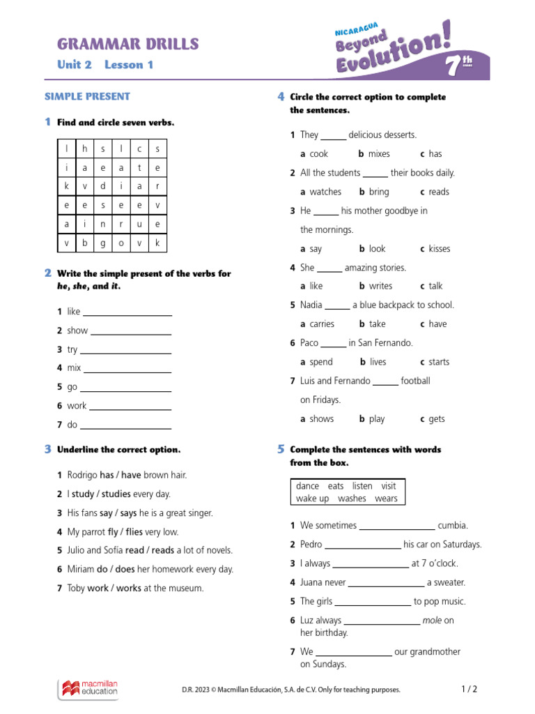 Unit 2 Grammar Drills Worksheet PDF