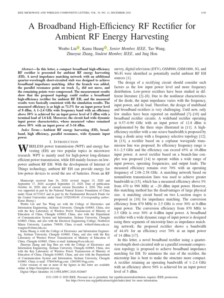 High-Efficiency RF Rectifier for Energy Harvesting | PDF | Rectifier ...