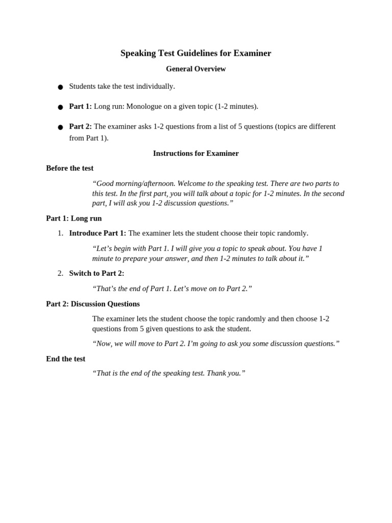 Speaking Test Guidelines for Examiners | PDF