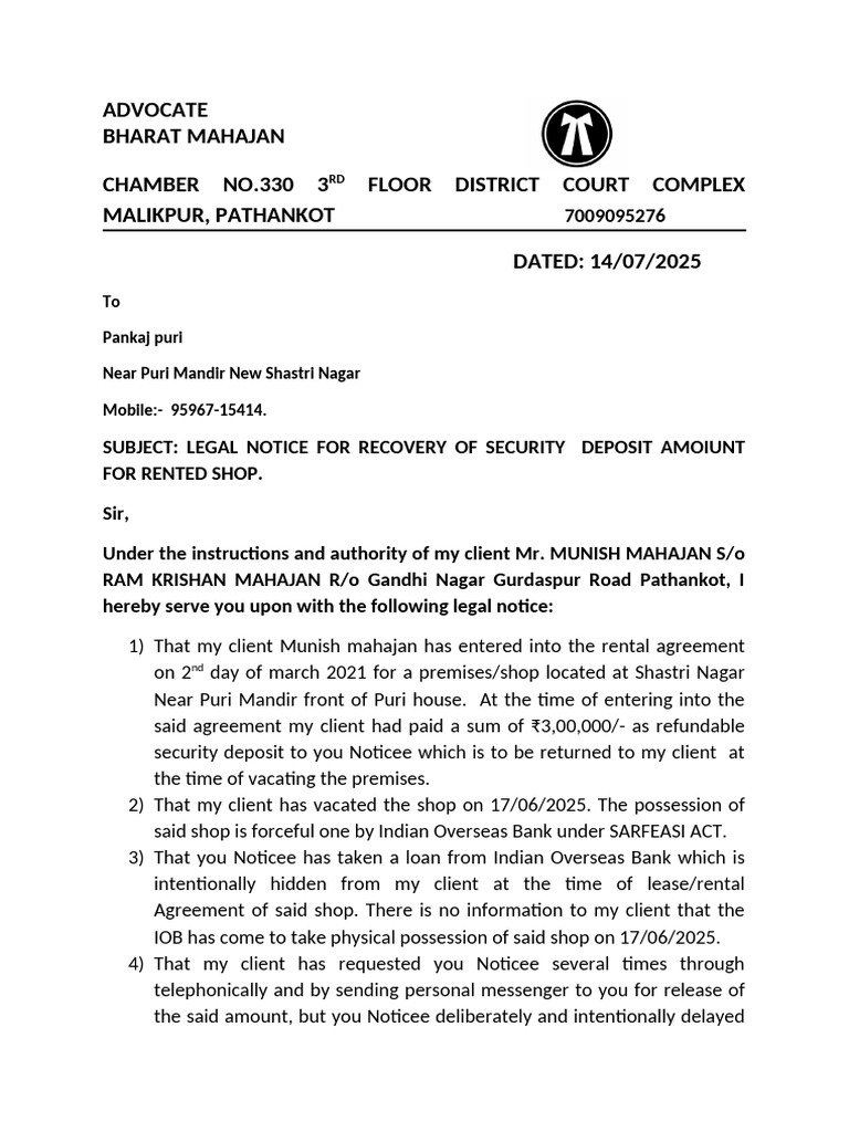 Legal Notice for Security Deposit Recovery | PDF | Common Law | Private Law