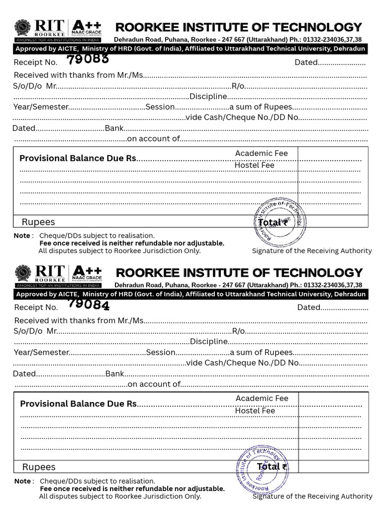 Roorkee Institute of Technology Fee Receipt | PDF | Numismatics | Rupee