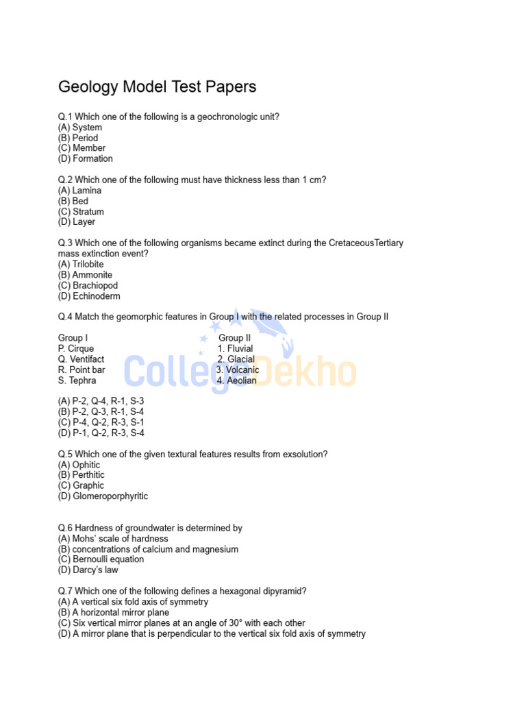 Geology Model Test Papers and Answers | PDF | Minerals | Weight