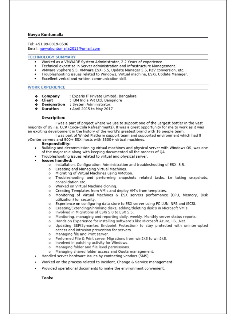 VMware System Administrator Resume | PDF | Virtual Machine | Computing
