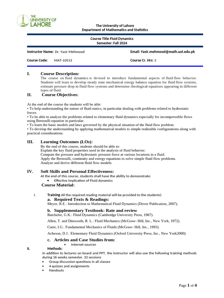 Fluid Dynamics Course Overview 2024 | PDF | Fluid Dynamics | Classical ...