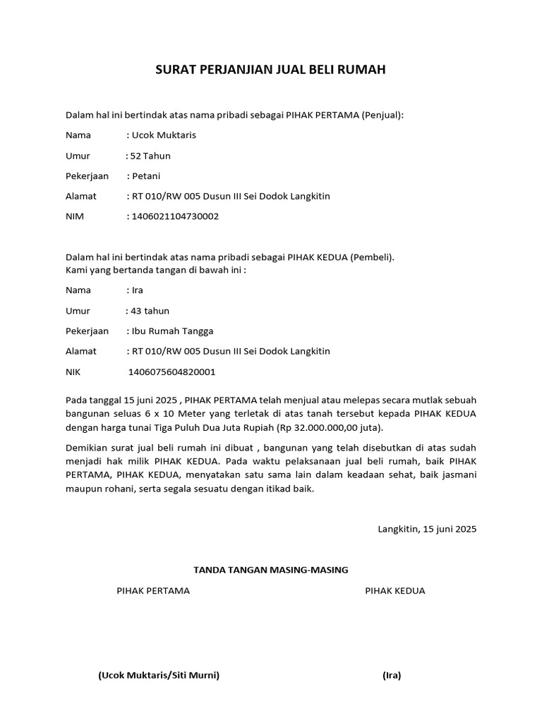 Surat Perjanjian Jual Beli Rumah | PDF