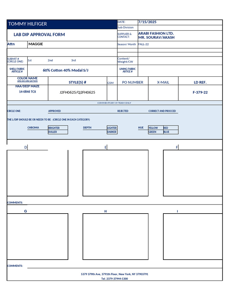 Tommy Hilfiger Lab Dip Approval Form | PDF