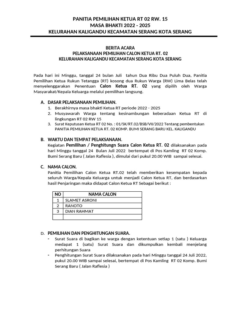 Pemilihan Ketua RT 02 RW 15 2022 | PDF