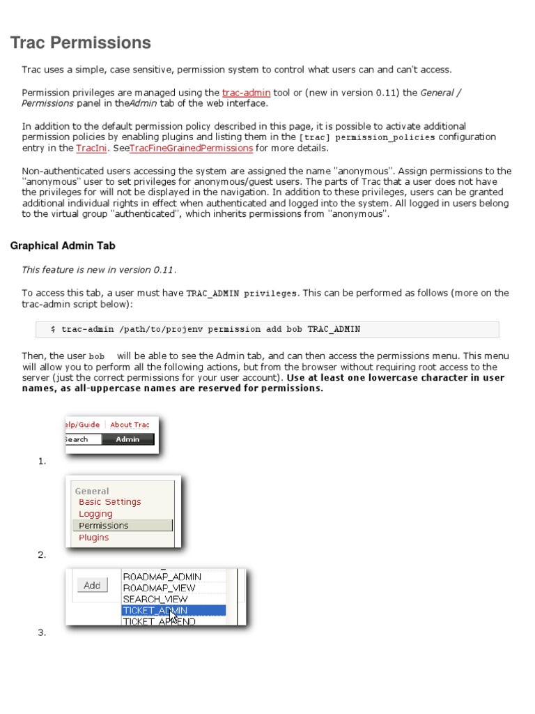 Trac Permissions | PDF | Tab (Gui) | Wiki