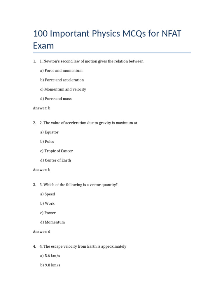 Physics 100 MCQ Nfat | PDF