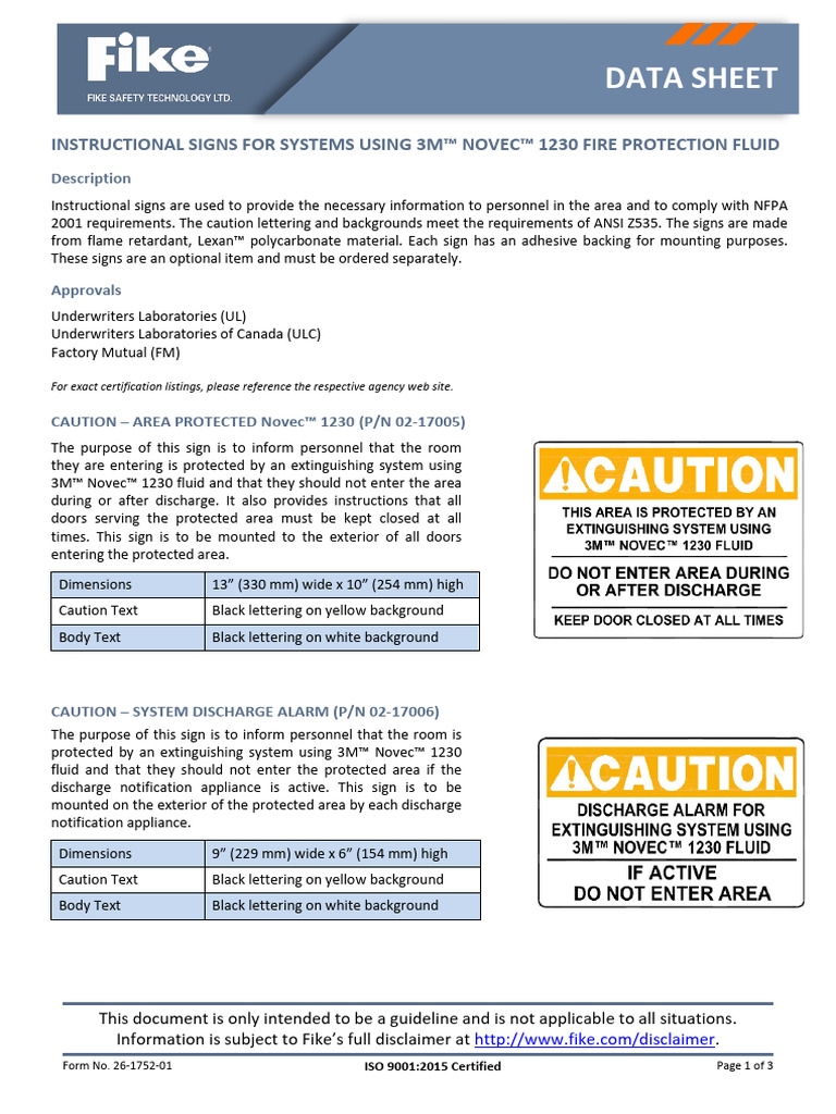 Novec 1230 Fire System Signage Guide | PDF | Safety
