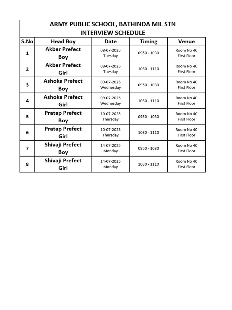 House Prefect Interview Schedule | PDF