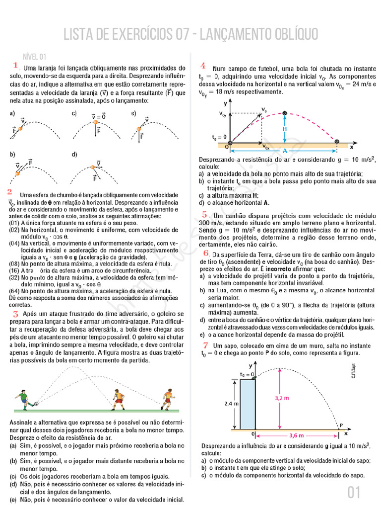 Exercícios sobre Lançamento Oblíquo | PDF