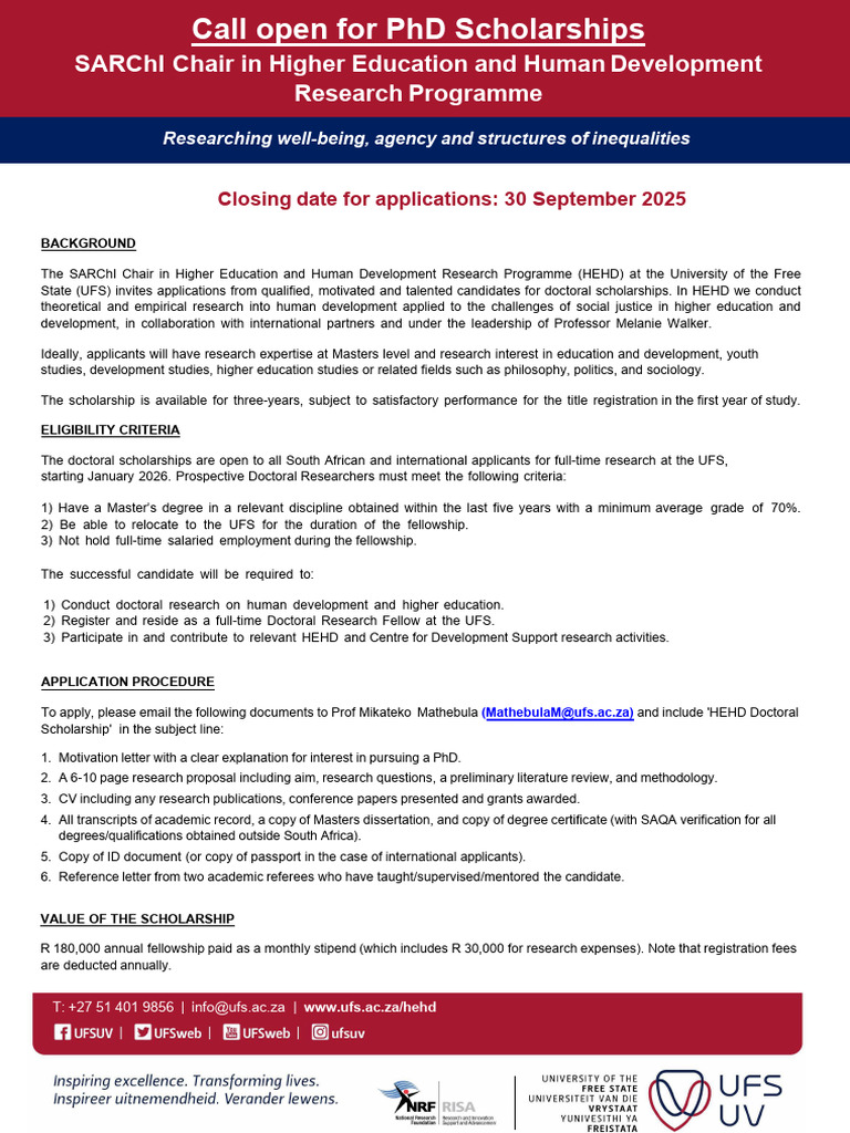 PhD Scholarships at UFS in HEHD | PDF | Doctorate | Doctor Of Philosophy