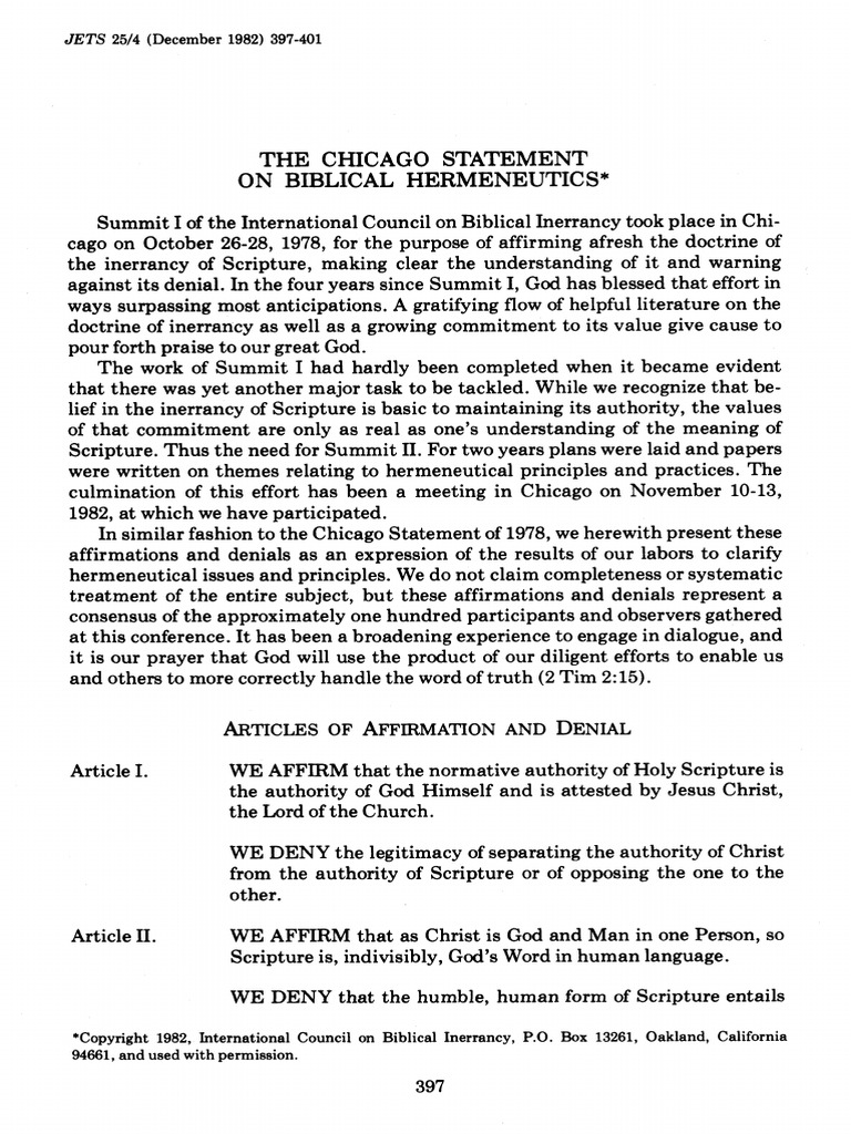 Chicago Statement On Biblical Hermeneutics | PDF