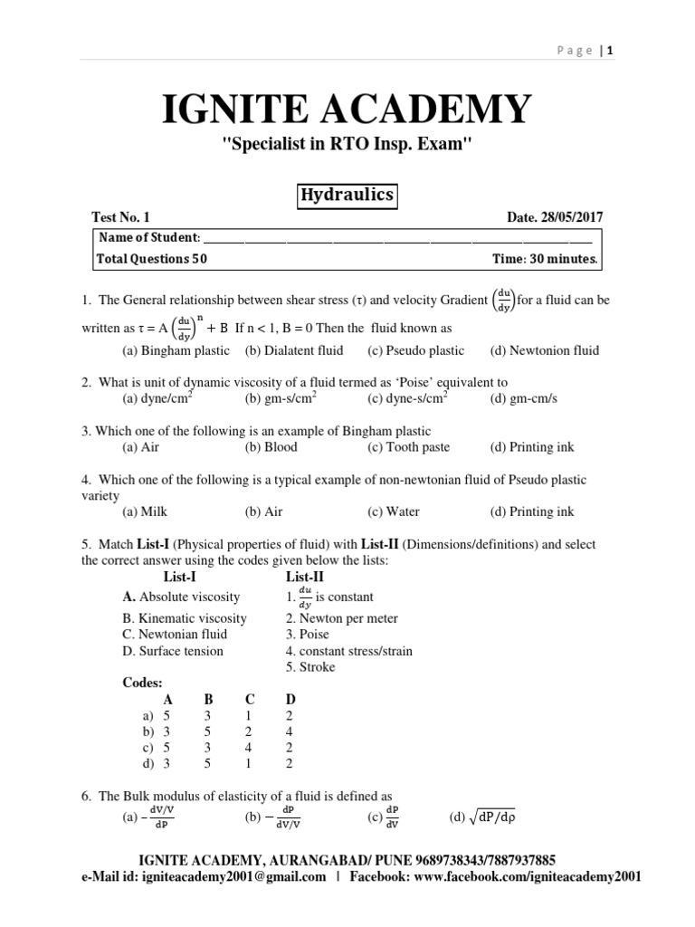 Fluid Mechanics RTO Exam Questions | PDF | Pressure Measurement | Fluid ...