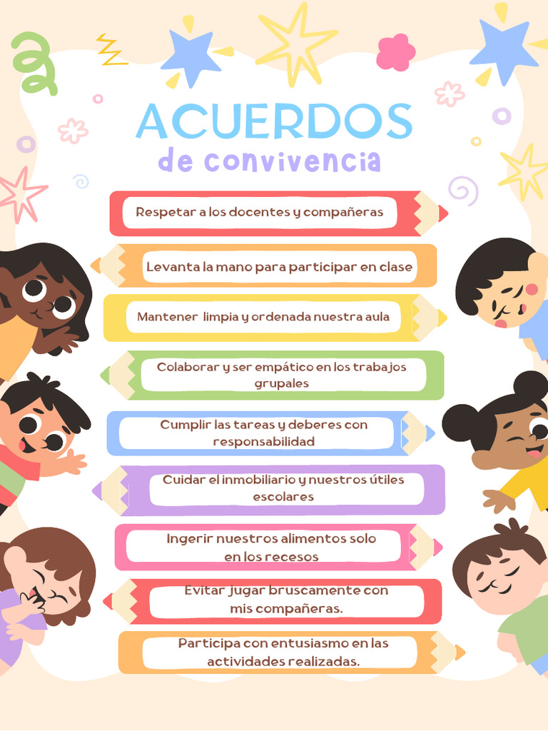 Póster Cartel Acuerdos de Convivencia Escolar Ilustrado Colorido | PDF