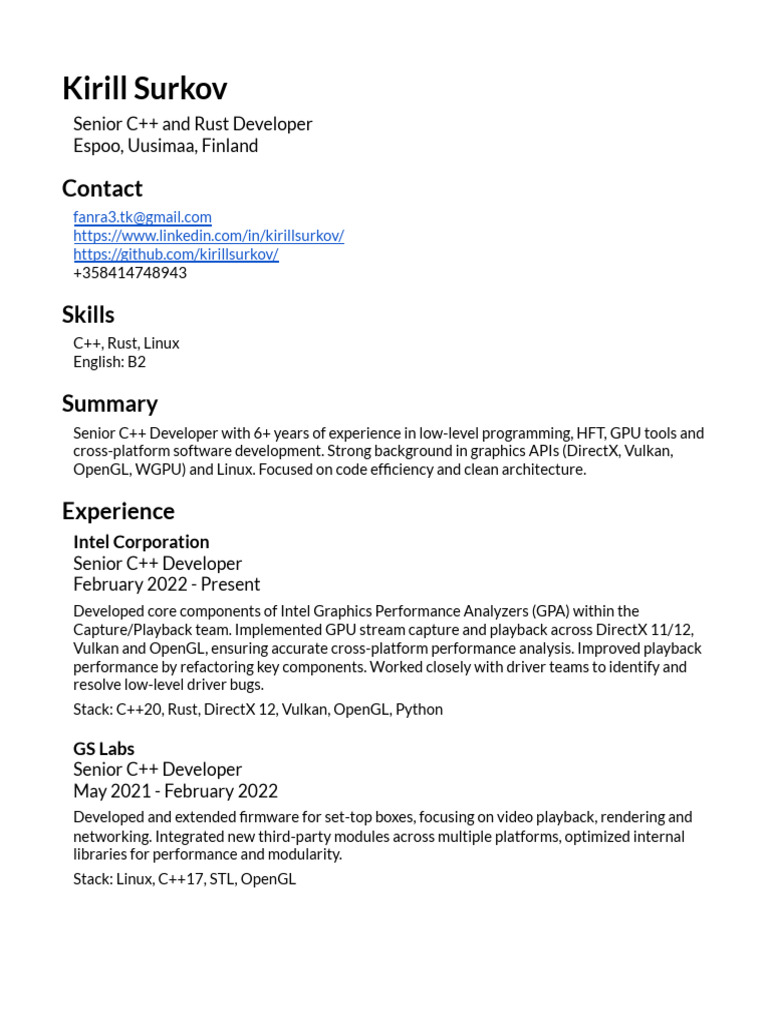 Senior C++ & Rust Developer Profile | PDF | C++ | Cross Platform Software