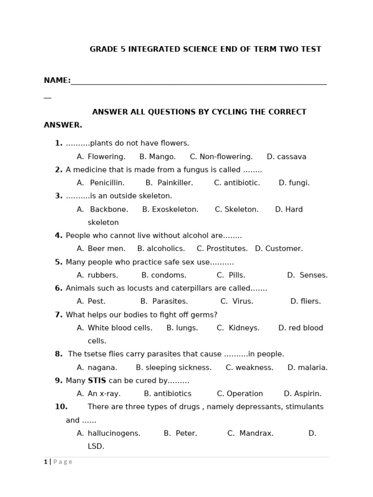 Grade 5 Integrated Science Test Questions | PDF | Sexually Transmitted ...