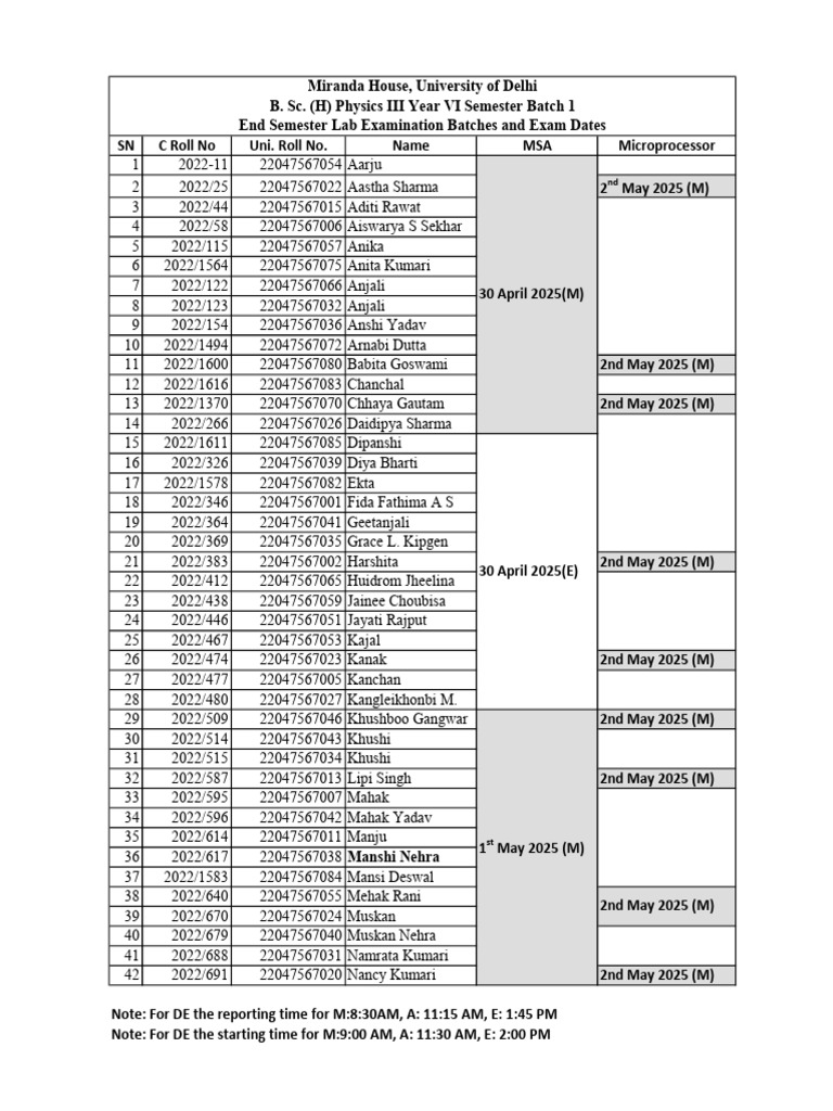 End Semester Exam Schedule 2025 | PDF