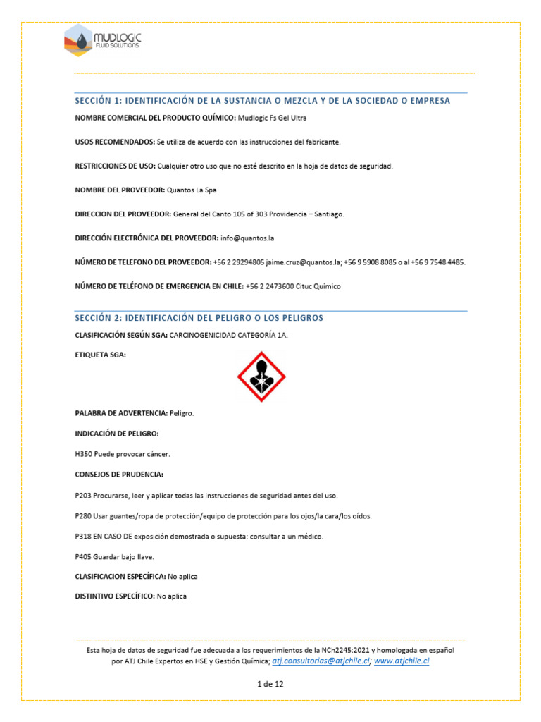 HDS Mudlogic Fs Gel Ultra NCh2245-2021 ATJ Chile | PDF | Residuos | Agua