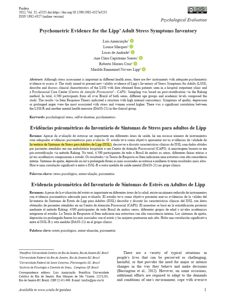 Psychometric Evidence For The Lipp' Adult Stress Symptoms Inventory ...