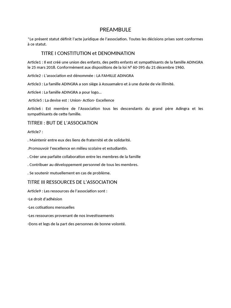 Préambule de l'Association Adingra | PDF