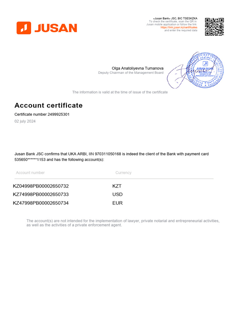 Certificate About Account 970311050168 en | PDF