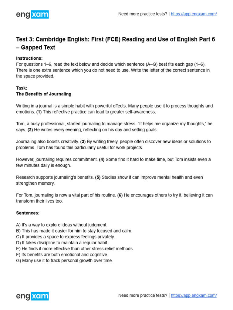 FCE Reading Part 6: Journaling Insights | PDF | Cognitive Psychology ...