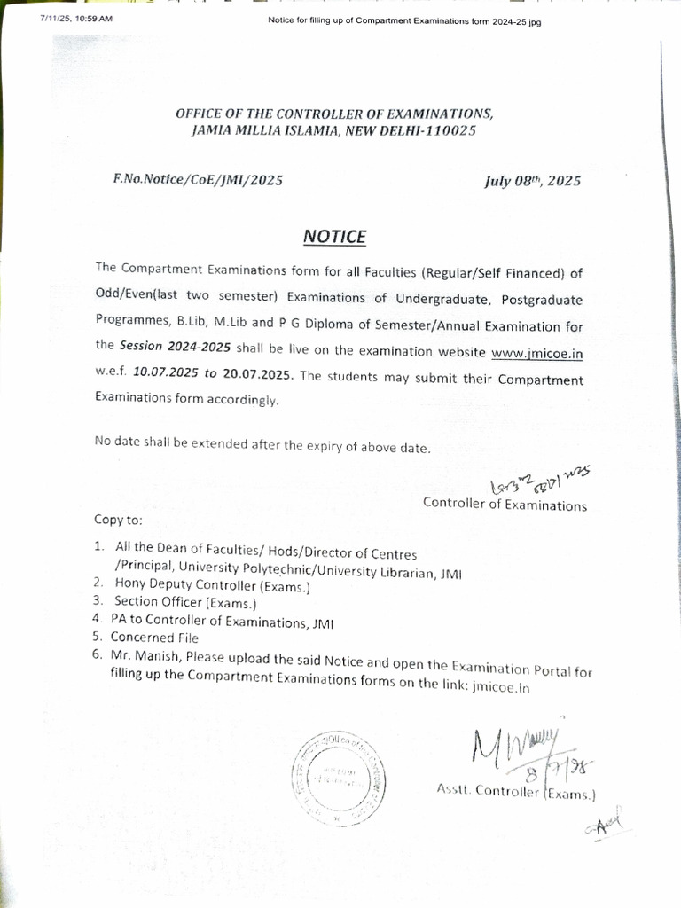 Compartment Exam Form Notice 2024-25 | PDF