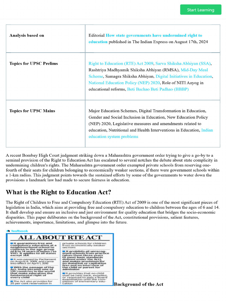 Right To Education (RTE) Act - Provisions, Features & More - UPSC ...