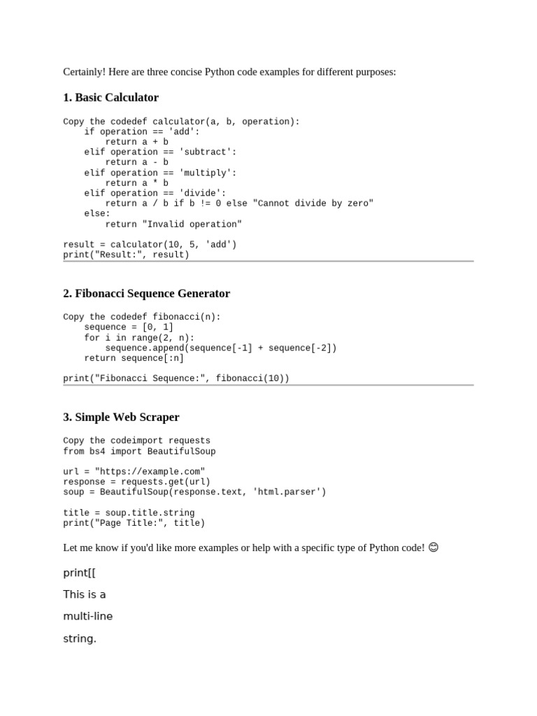Python Code Examples: Calculator, Fibonacci, Scraper | PDF