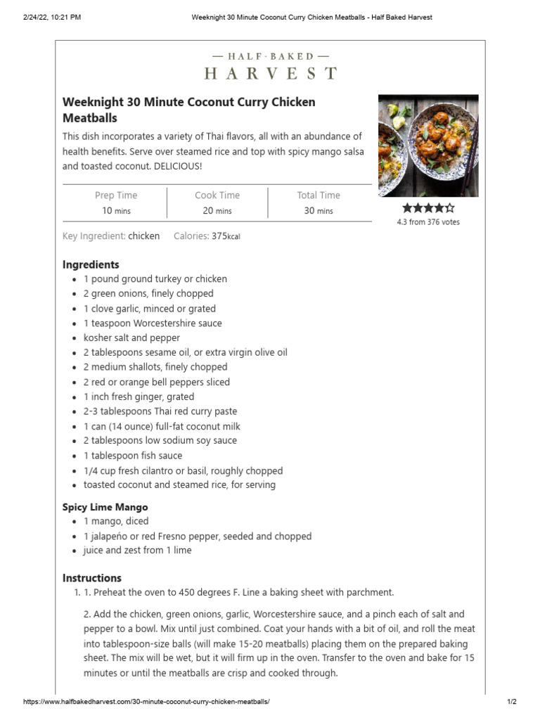 Weeknight 30 Minute Coconut Curry Chicken Meatballs - Half Baked ...