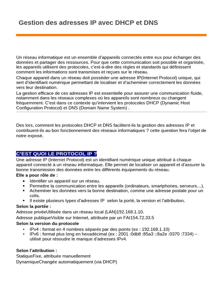 Gestion IP avec DHCP et DNS expliquée | PDF | Système de noms de ...