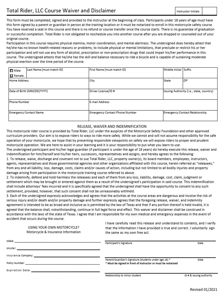 Total Rider Course Waiver Form | PDF | Indemnity | Common Law