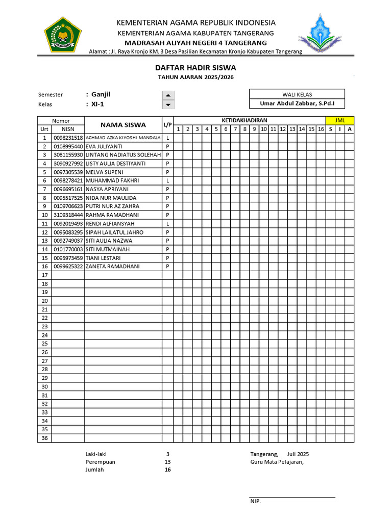 Format Absensi Siswa Kelas XI 2025/2026 | PDF