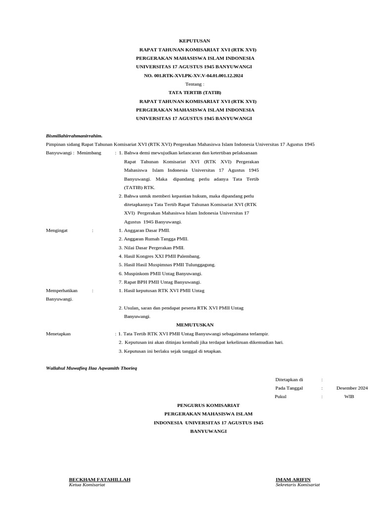 Tata Tertib RTK XVI PMII Untag 2024 | PDF
